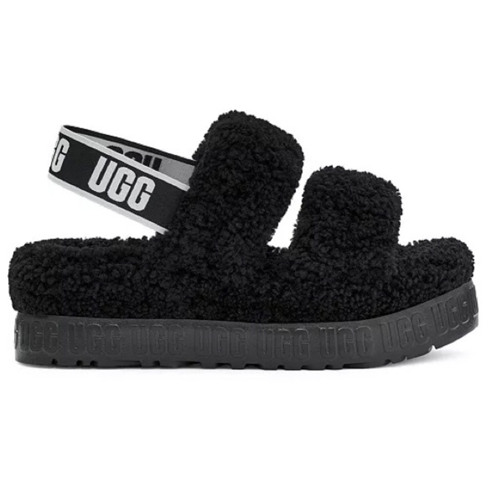 Ugg black slingback slipper shoe fluffy with logo and platform 8 women brand new